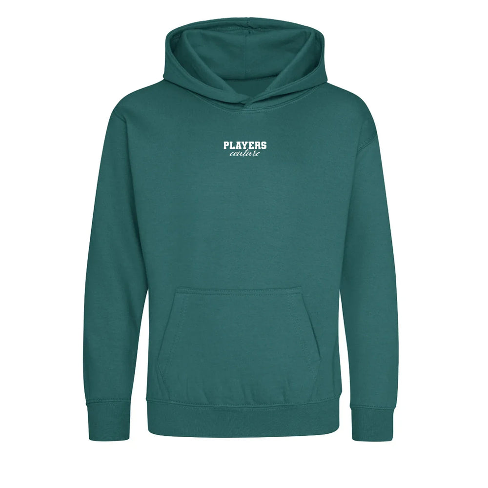 Essentials Collection hoodie – green kids' hoodie with white Essentials Collection letters and Players Couture logo on the