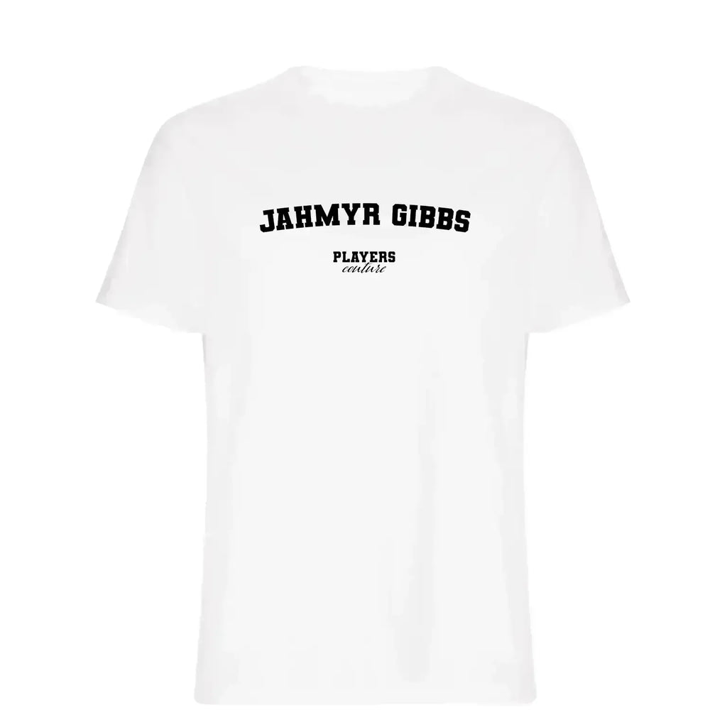 Jahmyr Gibbs t-shirt – white men's t-shirt with black Jahmyr Gibbs letters and Players Couture logo on the chest