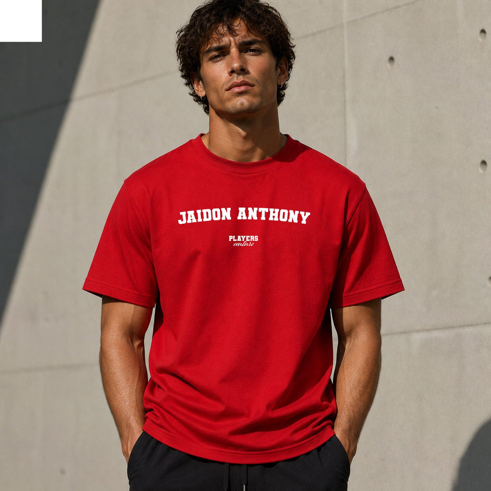 Jaidon Anthony Men's T-Shirt — lifestyle photo, Red t-shirt