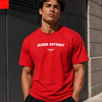 Jaidon Anthony Men's T-Shirt — lifestyle photo, Red t-shirt