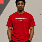 Jaidon Anthony Men's T-Shirt — lifestyle photo, Red t-shirt