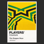 Jamaica Classic Football Shirt Colours Frame Men's T-Shirt – black close-up detail shot of the Jamaica Players Couture logo