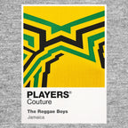 Jamaica Classic Football Shirt Colours Frame Men's T-Shirt – grey close-up detail shot of the Jamaica Players Couture logo