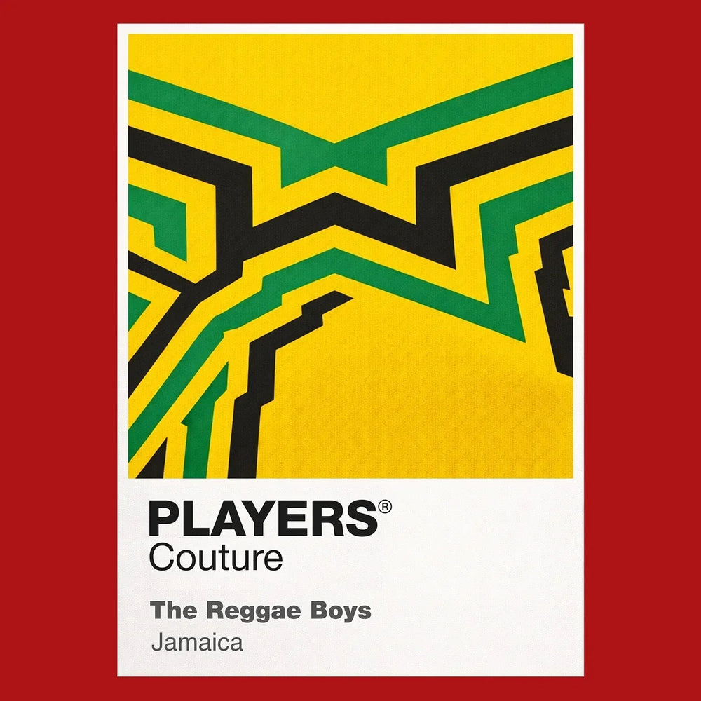 Jamaica Classic Football Shirt Colours Frame Men's T-Shirt – red close-up detail shot of the Jamaica Players Couture logo