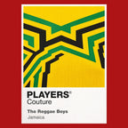 Jamaica Classic Football Shirt Colours Frame Men's T-Shirt – red close-up detail shot of the Jamaica Players Couture logo