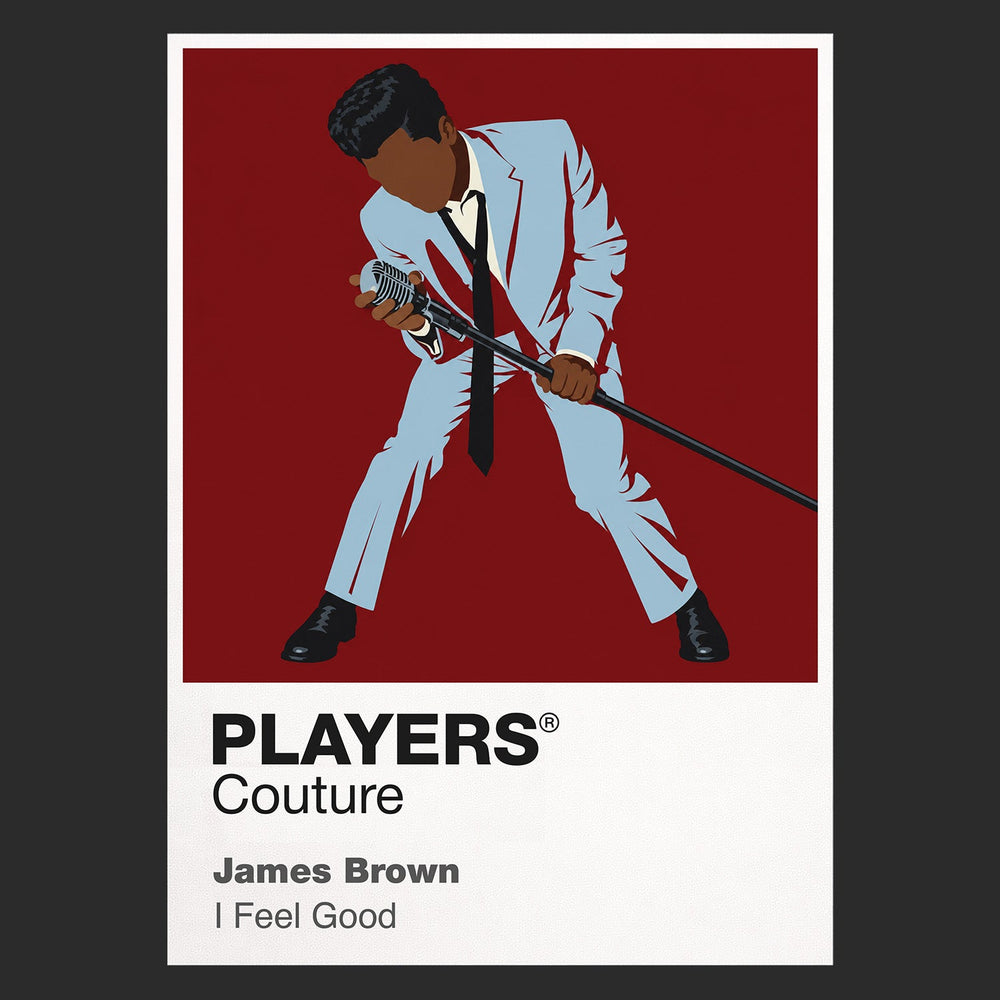 James Brown James Brown's tailored stage style, microphone stance and explosive movement Icon Frame artwork in black