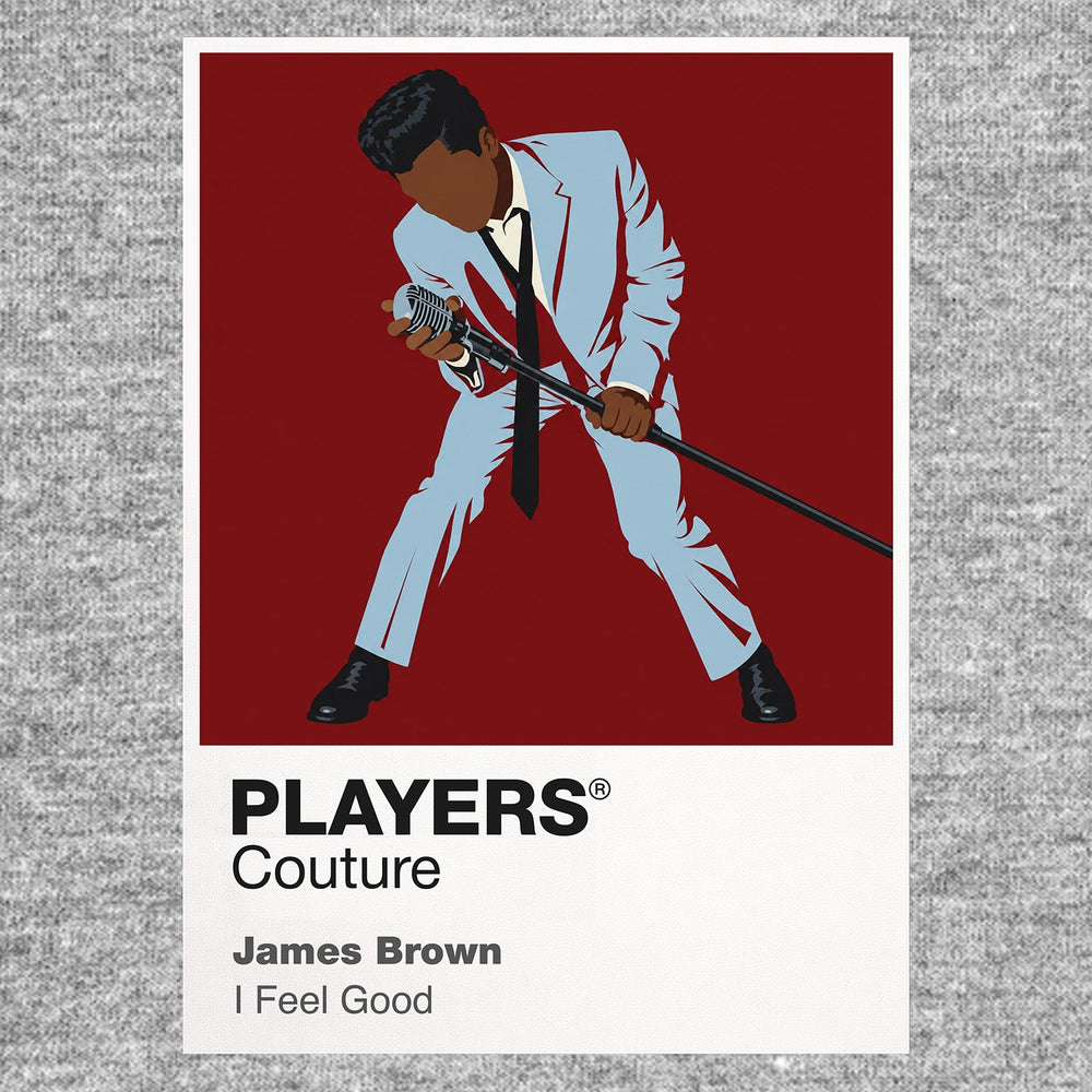 James Brown James Brown's tailored stage style, microphone stance and explosive movement Icon Frame artwork in grey