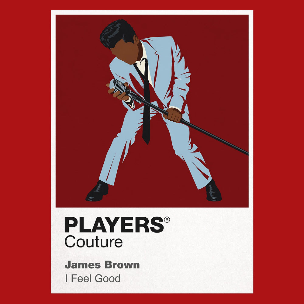 James Brown James Brown's tailored stage style, microphone stance and explosive movement Icon Frame artwork in red