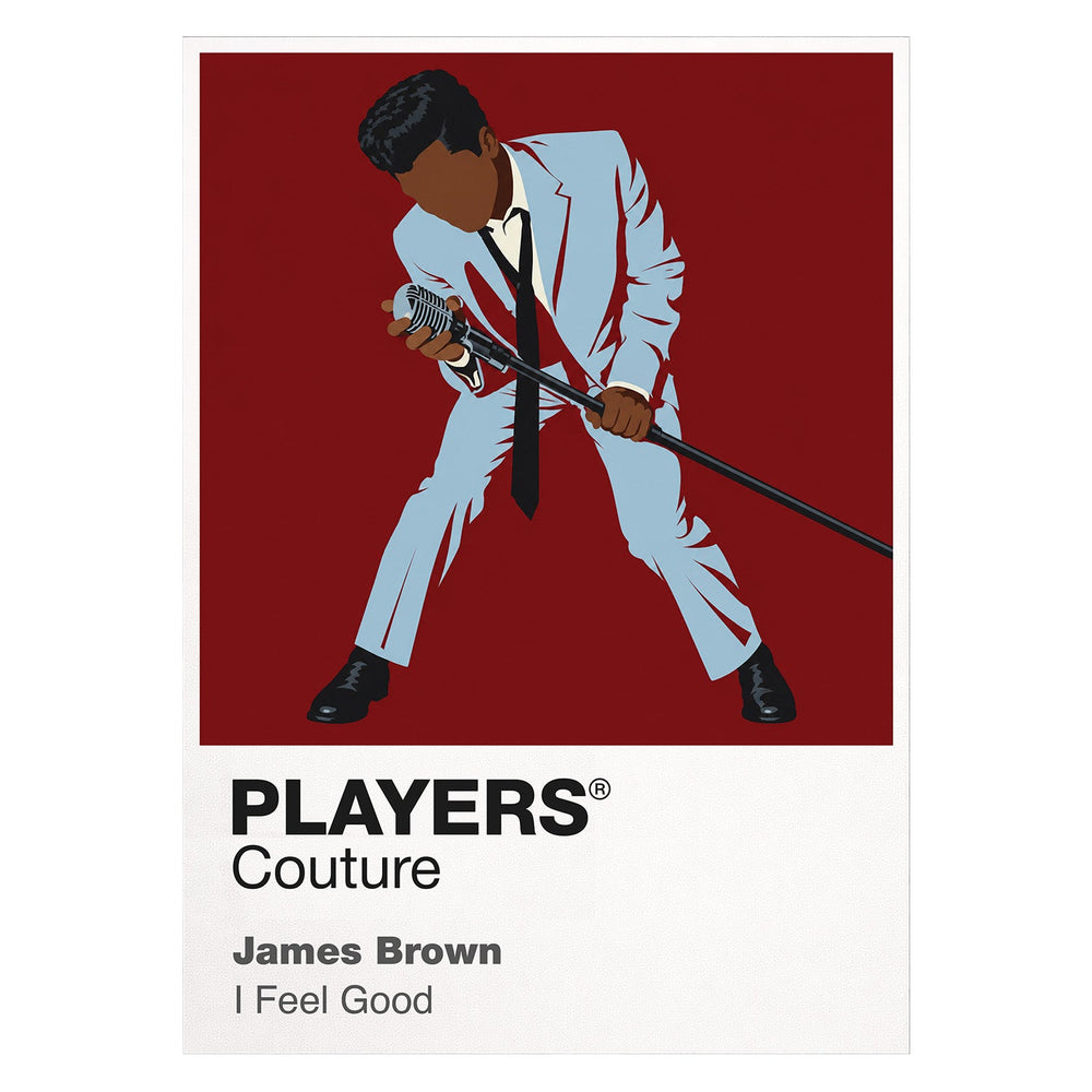 James Brown James Brown's tailored stage style, microphone stance and explosive movement Icon Frame artwork on white