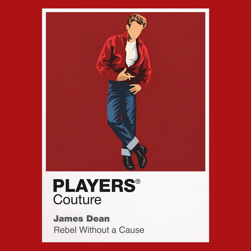 James Dean – Rebel Without a Cause Jim Stark in red windbreaker against the night-time observatory and Los Angeles skyline Icon Frame artwork in red
