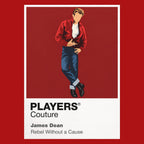 James Dean – Rebel Without a Cause Jim Stark in red windbreaker against the night-time observatory and Los Angeles skyline Icon Frame artwork in red