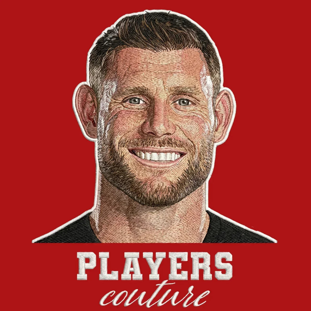 James Milner Badge Men's Hoodie – red close-up detail shot of the James Milner Players Couture logo design