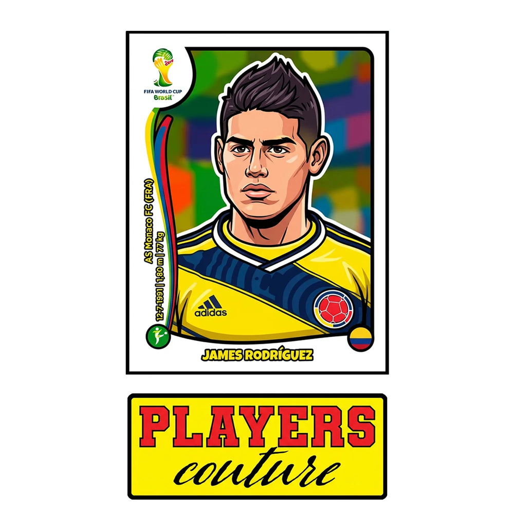 James Rodriguez World Cup Sticker Men's T-Shirt – close-up detail shot of the James Rodriguez World Cup Players Couture logo