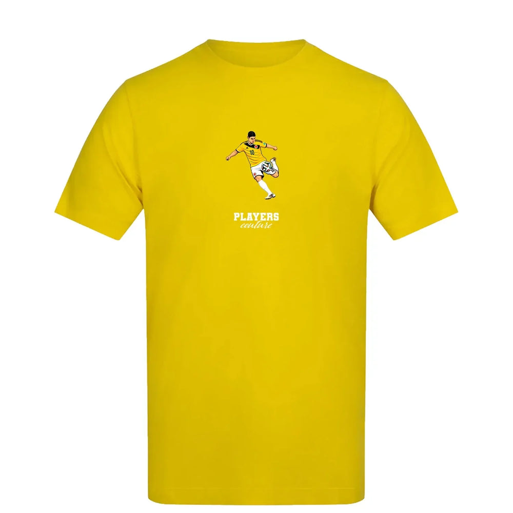 James Rodriguez Icon t-shirt – yellow men's t-shirt with black James Rodriguez Icon letters and Players Couture logo on the