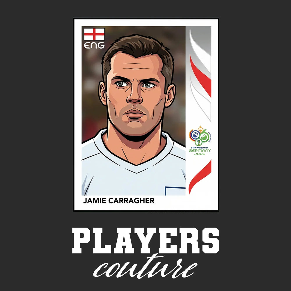 Jamie Carragher World Cup Sticker Men's T-Shirt – black close-up detail shot of the Jamie Carragher World Cup Players