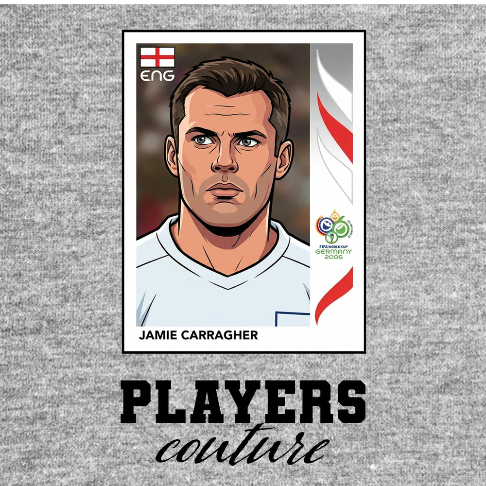 Jamie Carragher World Cup Sticker Men's T-Shirt – grey close-up detail shot of the Jamie Carragher World Cup Players Couture