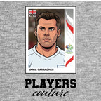 Jamie Carragher World Cup Sticker Men's T-Shirt – grey close-up detail shot of the Jamie Carragher World Cup Players Couture