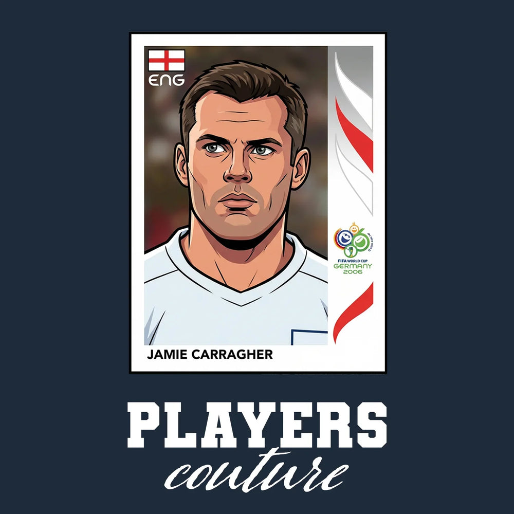 Jamie Carragher World Cup Sticker Men's T-Shirt – navy close-up detail shot of the Jamie Carragher World Cup Players Couture