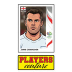 Jamie Carragher World Cup Sticker Men's T-Shirt – close-up detail shot of the Jamie Carragher World Cup Players Couture logo