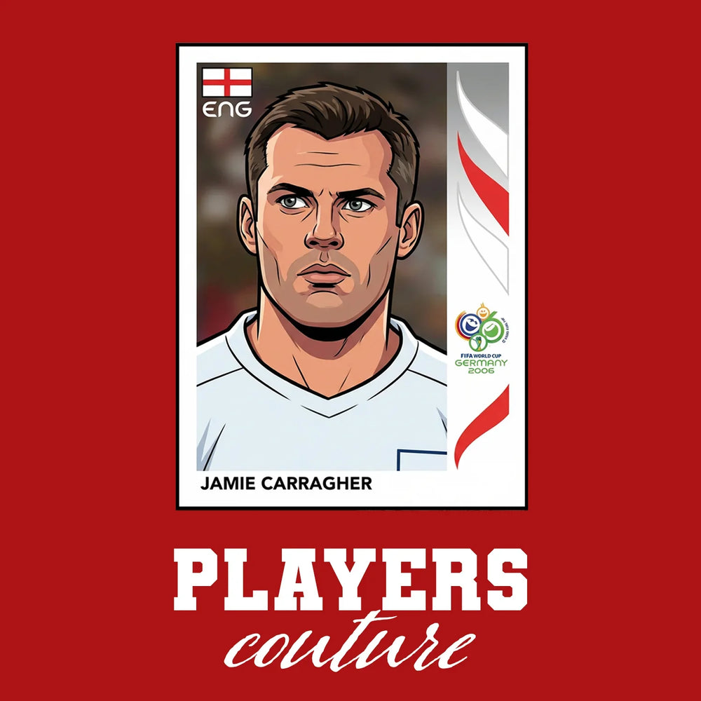 Jamie Carragher World Cup Sticker Men's T-Shirt – red close-up detail shot of the Jamie Carragher World Cup Players Couture