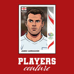 Jamie Carragher World Cup Sticker Men's T-Shirt – red close-up detail shot of the Jamie Carragher World Cup Players Couture