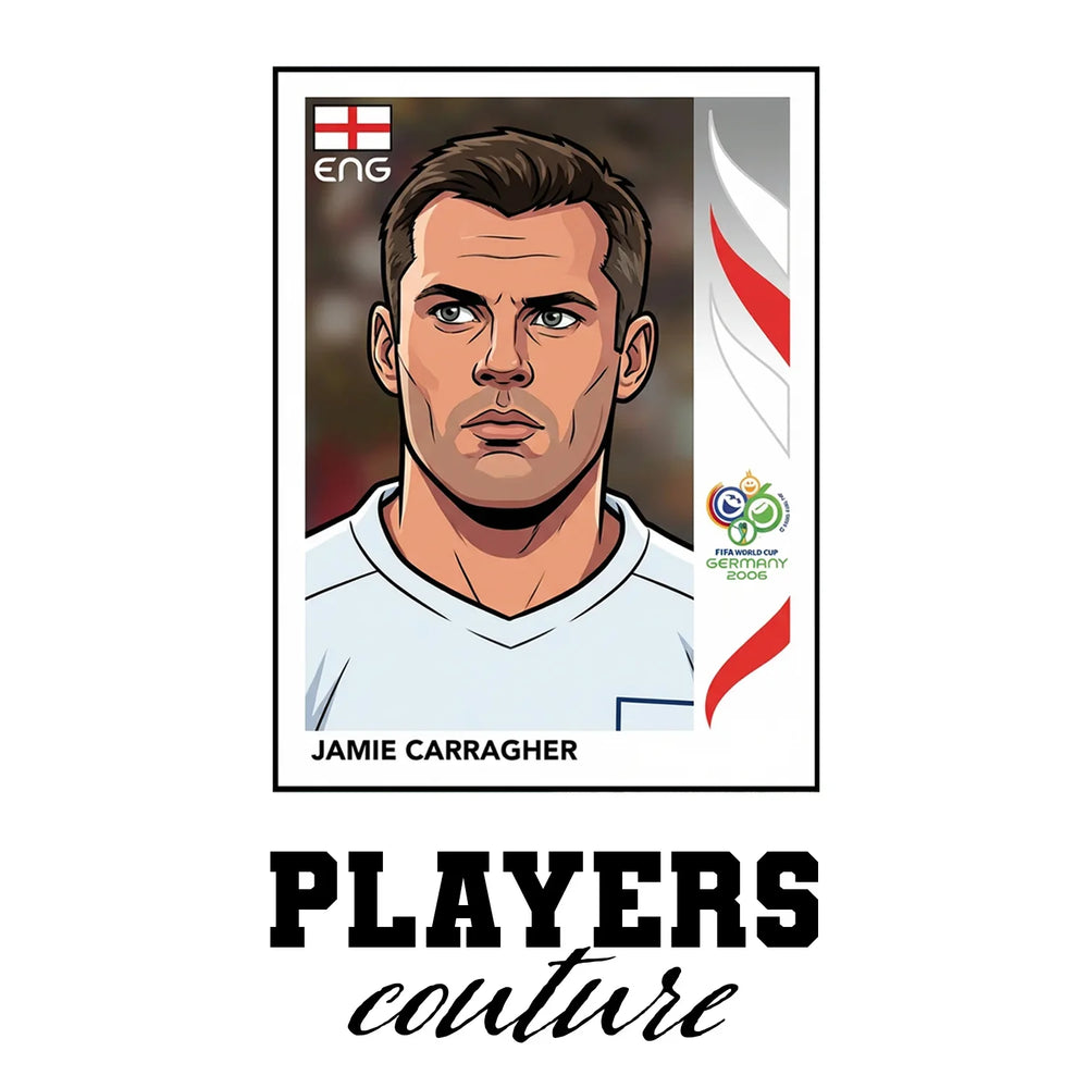 Jamie Carragher World Cup Sticker Men's T-Shirt – white close-up detail shot of the Jamie Carragher World Cup Players