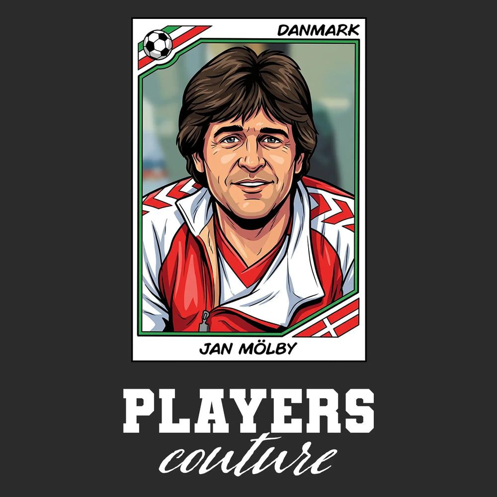 Jan Molby World Cup Sticker Men's T-Shirt – black close-up detail shot of the Jan Molby World Cup Players Couture logo design