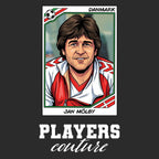 Jan Molby World Cup Sticker Men's T-Shirt – black close-up detail shot of the Jan Molby World Cup Players Couture logo design