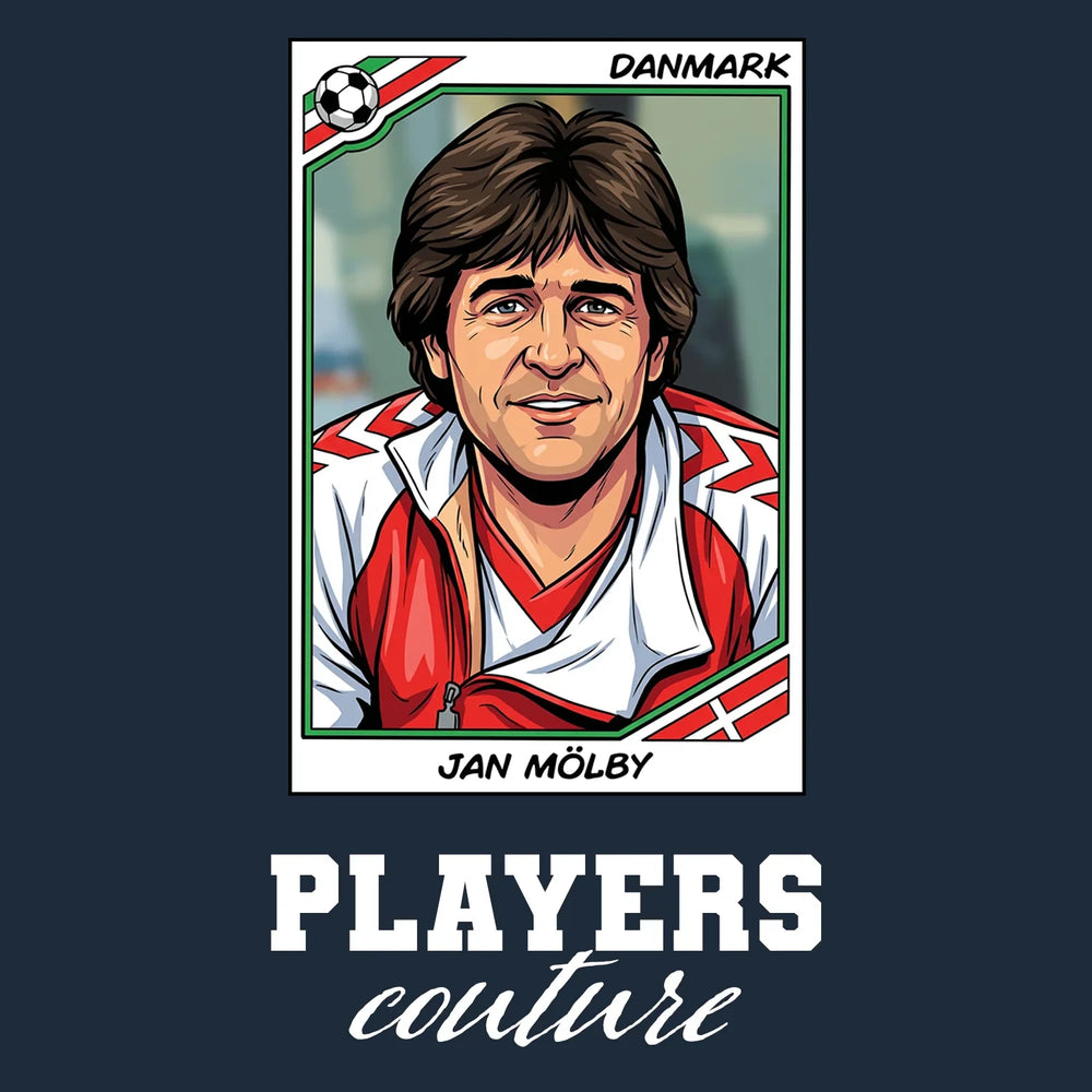 Jan Molby World Cup Sticker Men's T-Shirt – navy close-up detail shot of the Jan Molby World Cup Players Couture logo design