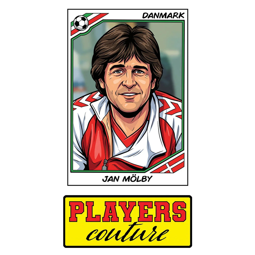 Jan Molby World Cup Sticker Men's T-Shirt – close-up detail shot of the Jan Molby World Cup Players Couture logo design