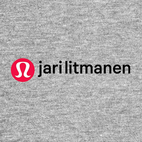 Jari Litmanen Logo Men's T-Shirt – grey close-up detail shot of the Jari Litmanen Players Couture logo design