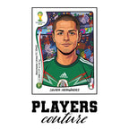 Javier Hernandez World Cup Sticker Men's T-Shirt – white close-up detail shot of the Javier Hernandez Players Couture logo