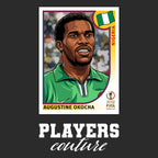 Jay Jay Okocha World Cup Sticker Men's T-Shirt – black close-up detail shot of the Jay Jay Okocha World Cup Players Couture