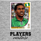 Jay Jay Okocha World Cup Sticker Men's T-Shirt – grey close-up detail shot of the Jay Jay Okocha World Cup Players Couture