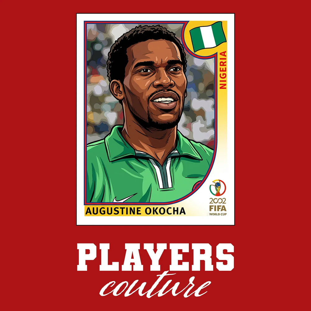 Jay Jay Okocha World Cup Sticker Men's T-Shirt – red close-up detail shot of the Jay Jay Okocha World Cup Players Couture