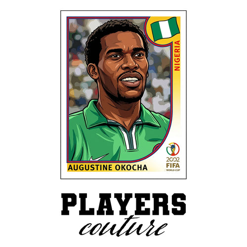Jay Jay Okocha World Cup Sticker Men's T-Shirt – white close-up detail shot of the Jay-Jay Okocha Players Couture logo design