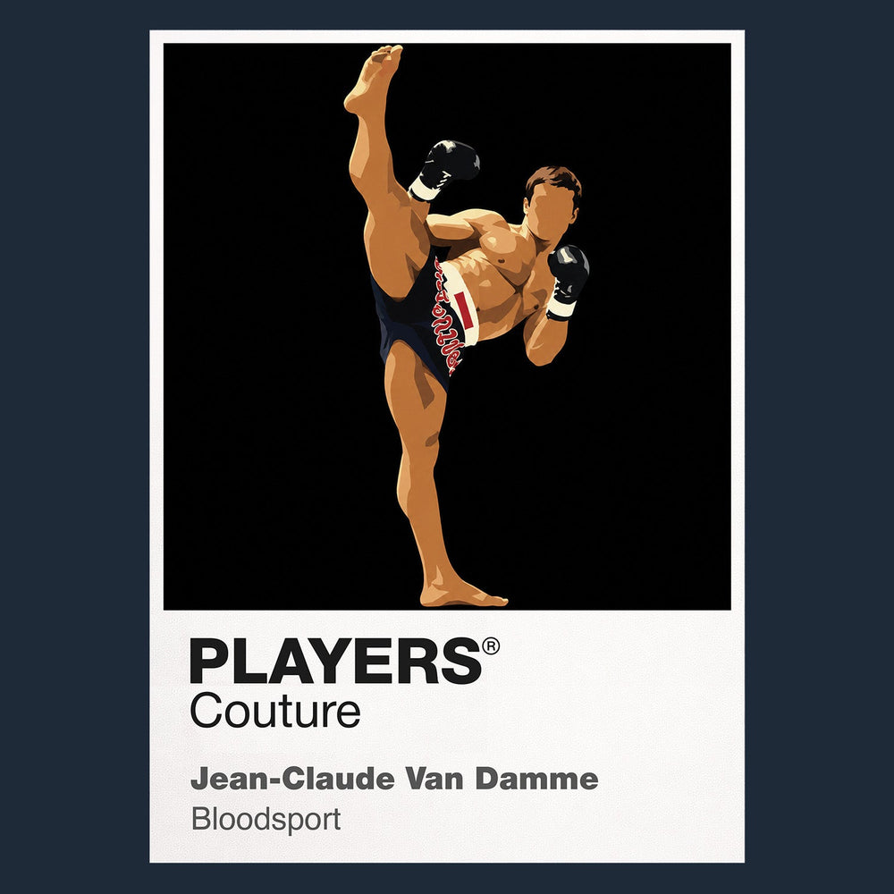 Jean-Claude Van Damme Jean-Claude Van Damme in a controlled high-kick and split stance drawn from his defining action roles Icon Frame artwork in navy