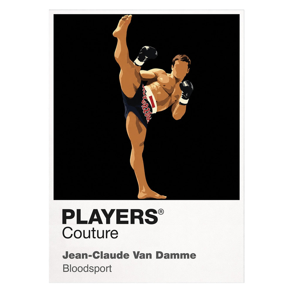 Jean-Claude Van Damme Jean-Claude Van Damme in a controlled high-kick and split stance drawn from his defining action roles Icon Frame artwork on white