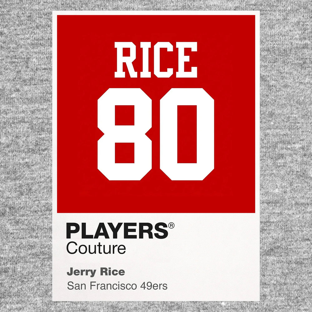 Jerry Rice 80 Jersey Frame Men's T-Shirt – grey close-up detail shot of the Jerry Rice 80 Players Couture logo design