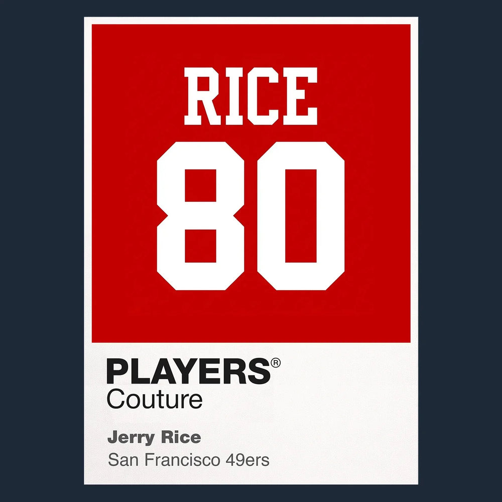 Jerry Rice 80 Jersey Frame Men's T-Shirt – navy close-up detail shot of the Jerry Rice 80 Players Couture logo design