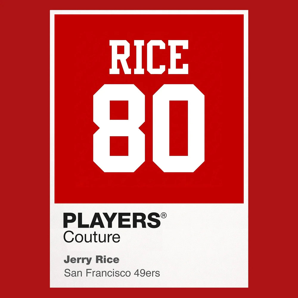 Jerry Rice 80 Jersey Frame Men's T-Shirt – red close-up detail shot of the Jerry Rice 80 Players Couture logo design