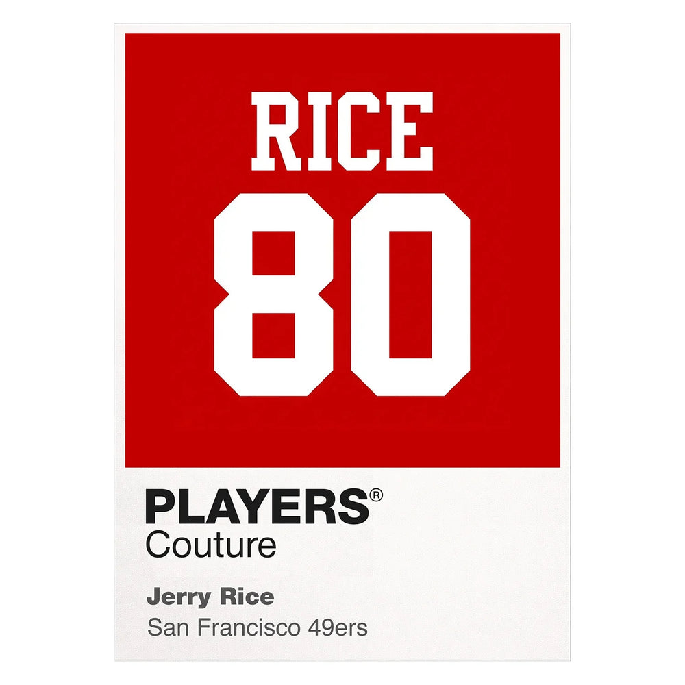 Jerry Rice 80 Jersey Frame Men's T-Shirt – white close-up detail shot of the Jerry Rice Players Couture logo design
