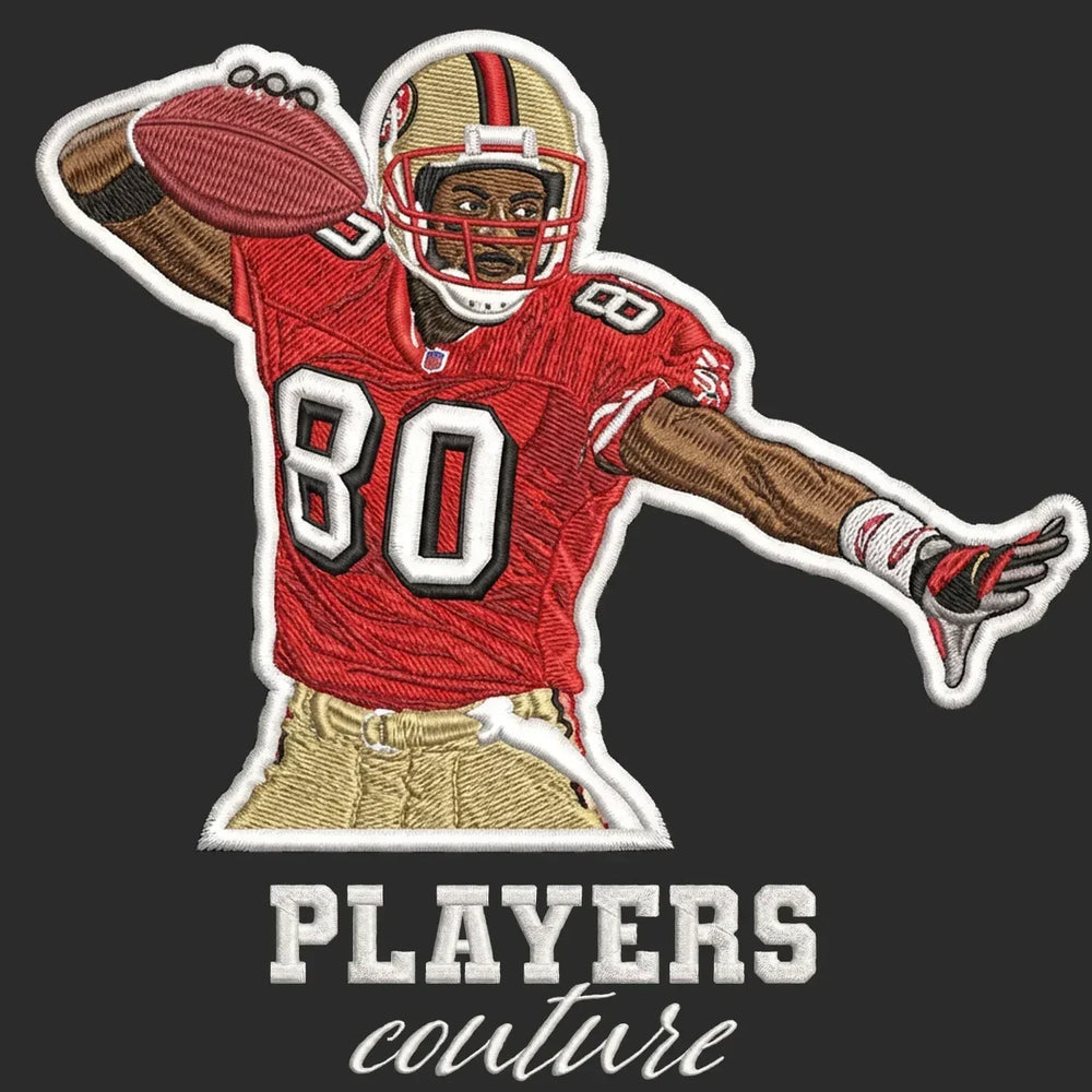 Jerry Rice Badge Men's Hoodie – black close-up detail shot of the Jerry Rice Players Couture logo design