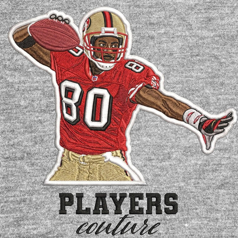 Jerry Rice Badge Men's Hoodie – grey close-up detail shot of the Jerry Rice Players Couture logo design
