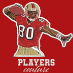 Jerry Rice Badge Men's Hoodie – red close-up detail shot of the Jerry Rice Players Couture logo design