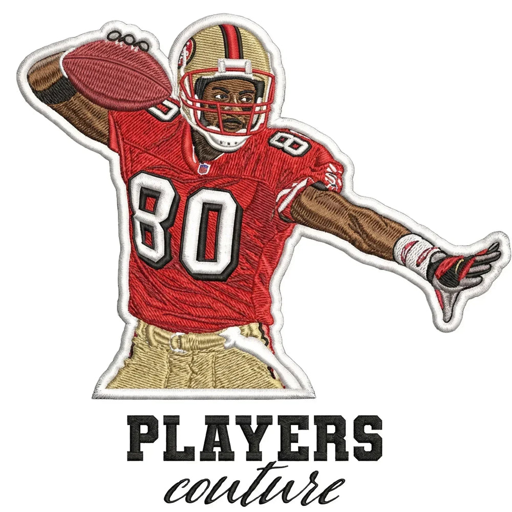 Jerry Rice Badge Men's Hoodie – white close-up detail shot of the Jerry Rice Players Couture logo design