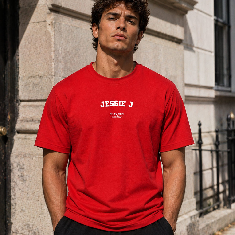 Jessie J Men's T-Shirt — lifestyle photo, Red t-shirt