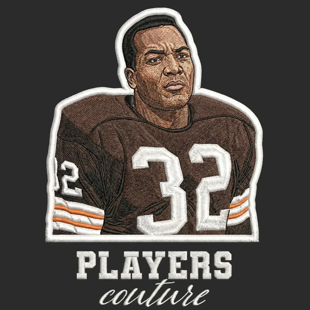 Jim Brown Badge Men's Hoodie – brown close-up detail shot of the Jim Brown Players Couture logo design