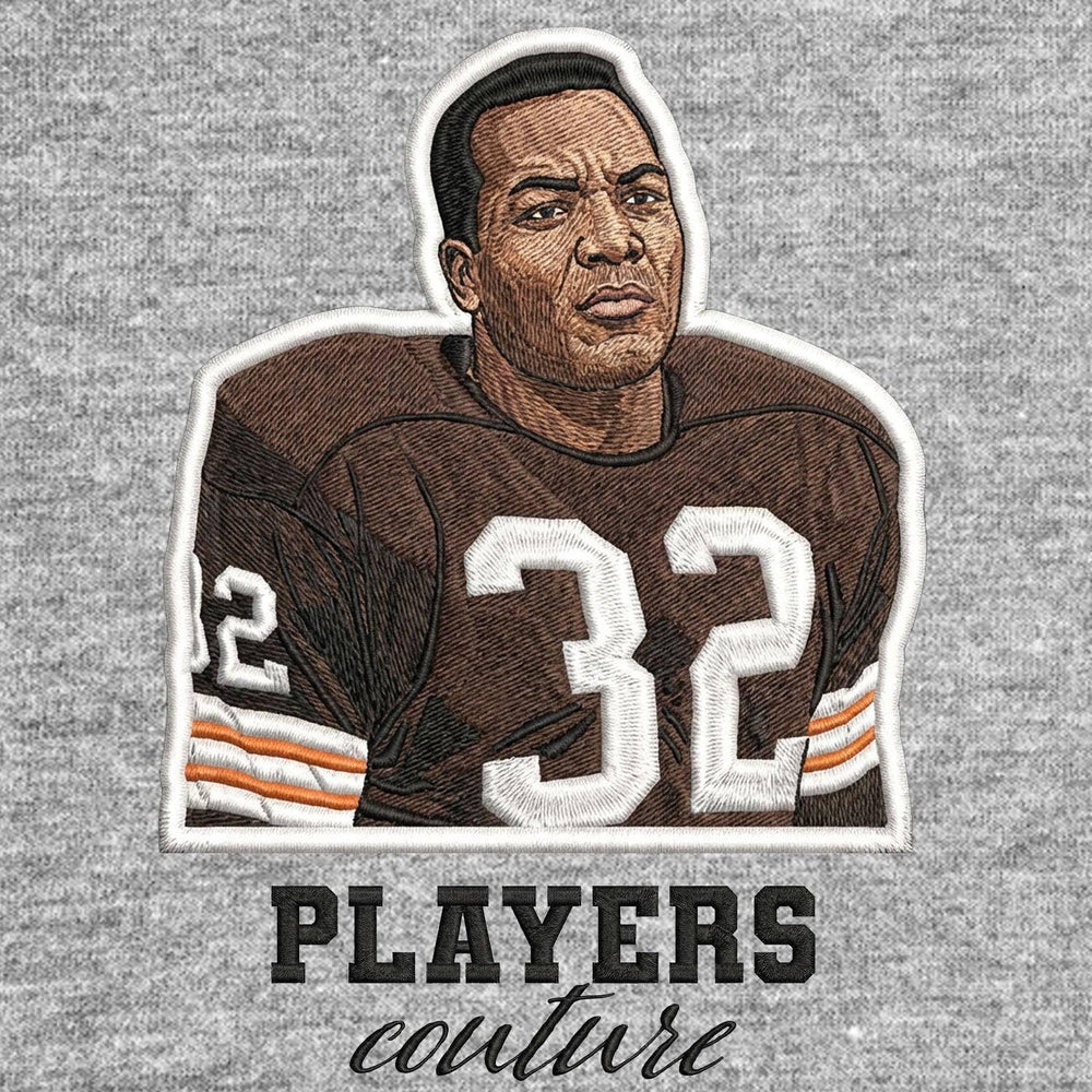 Jim Brown Badge Men's Hoodie – brown close-up detail shot of the Jim Brown Players Couture logo design