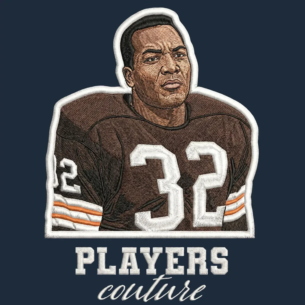 Jim Brown Badge Men's Hoodie – brown close-up detail shot of the Jim Brown Players Couture logo design